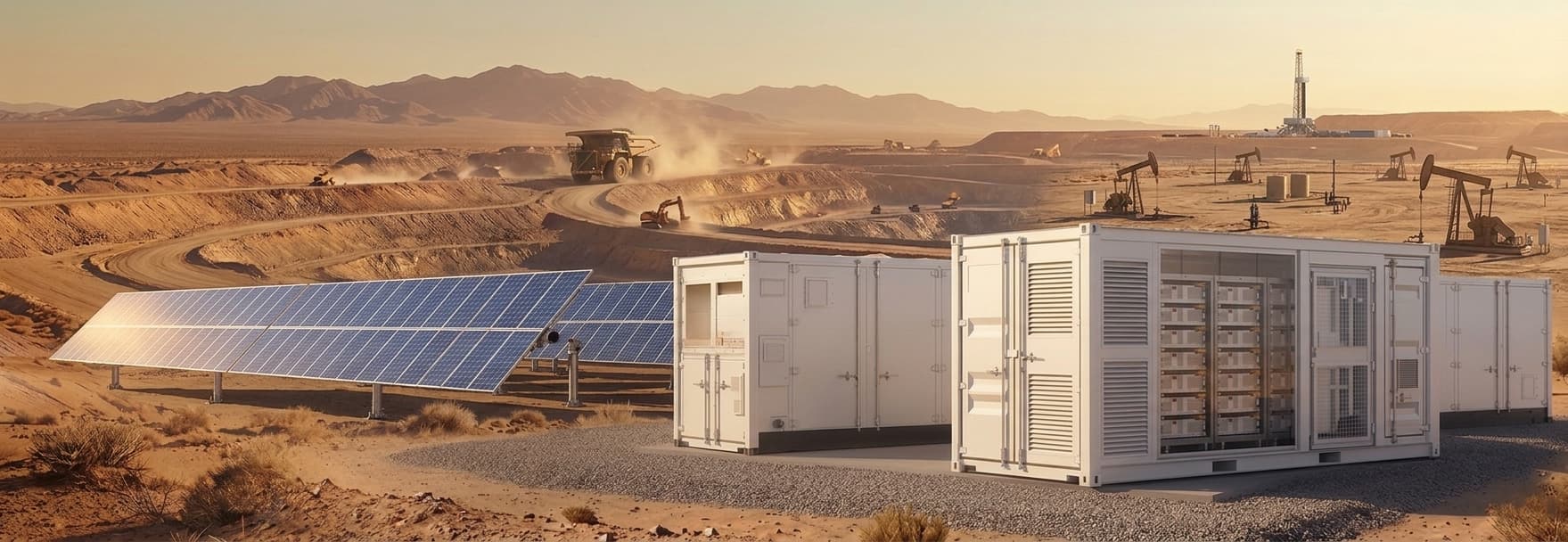 Contenedores de almacenamiento de energía BESS junto a una planta solar.