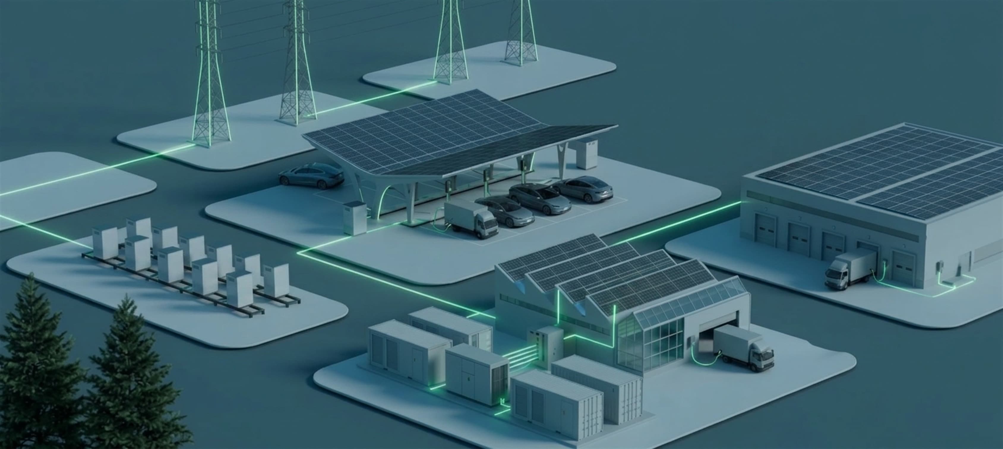 Ecosistema de energía solar y BESS: paneles solares, estación de carga, contenedores de almacenamiento y planta industrial conectados entre sí.